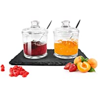 2 tarros de especias en placa de pizarra con cuchara- tarros para parmesanos o mermelada